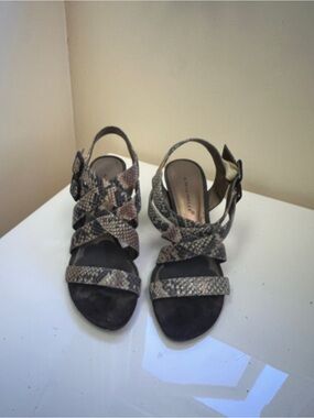 A. Marinelli Gray Snake-Print Multi-Strap Heels with Bow Accent